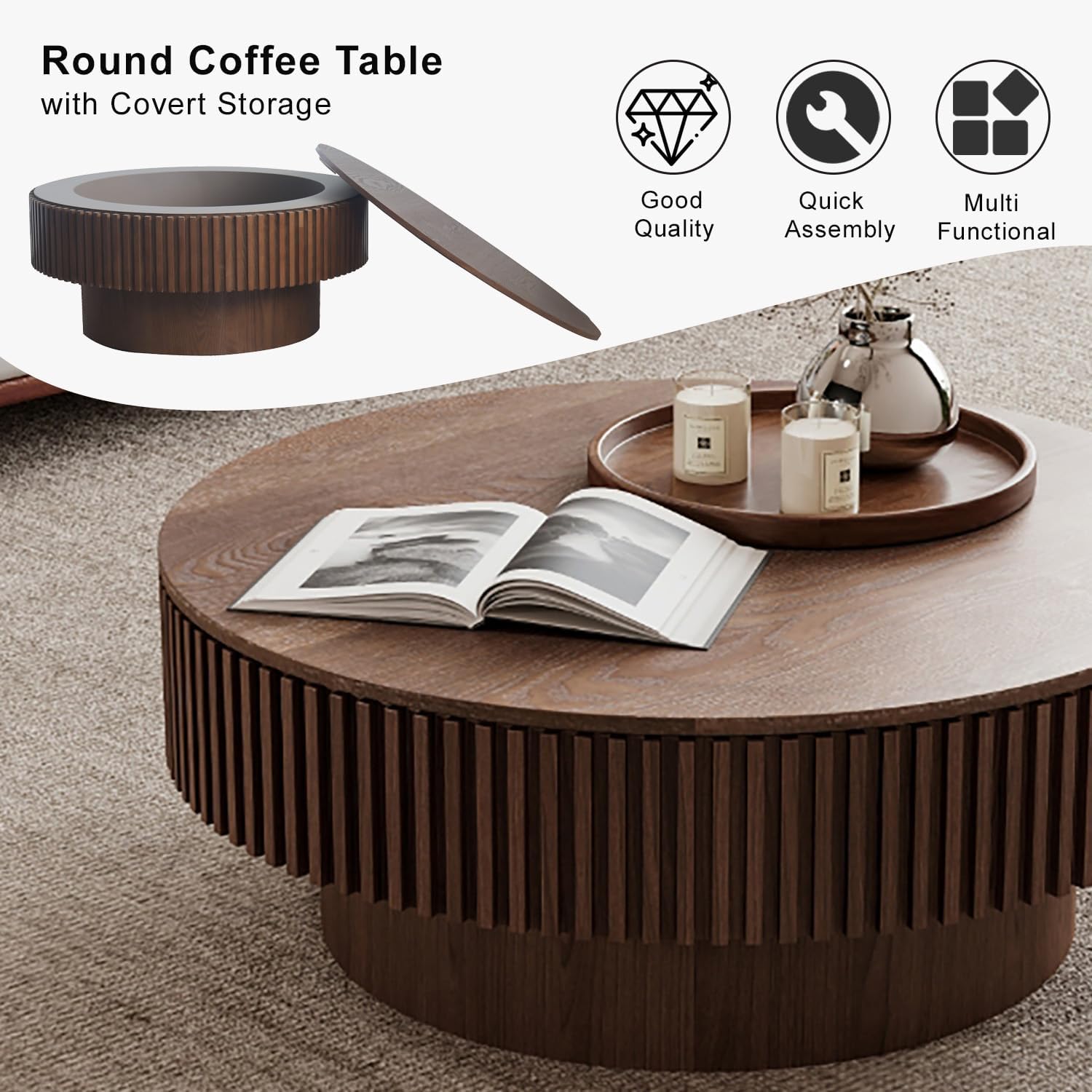 Round wooden coffee table with covert storage, open book, and candles on a neutral background.