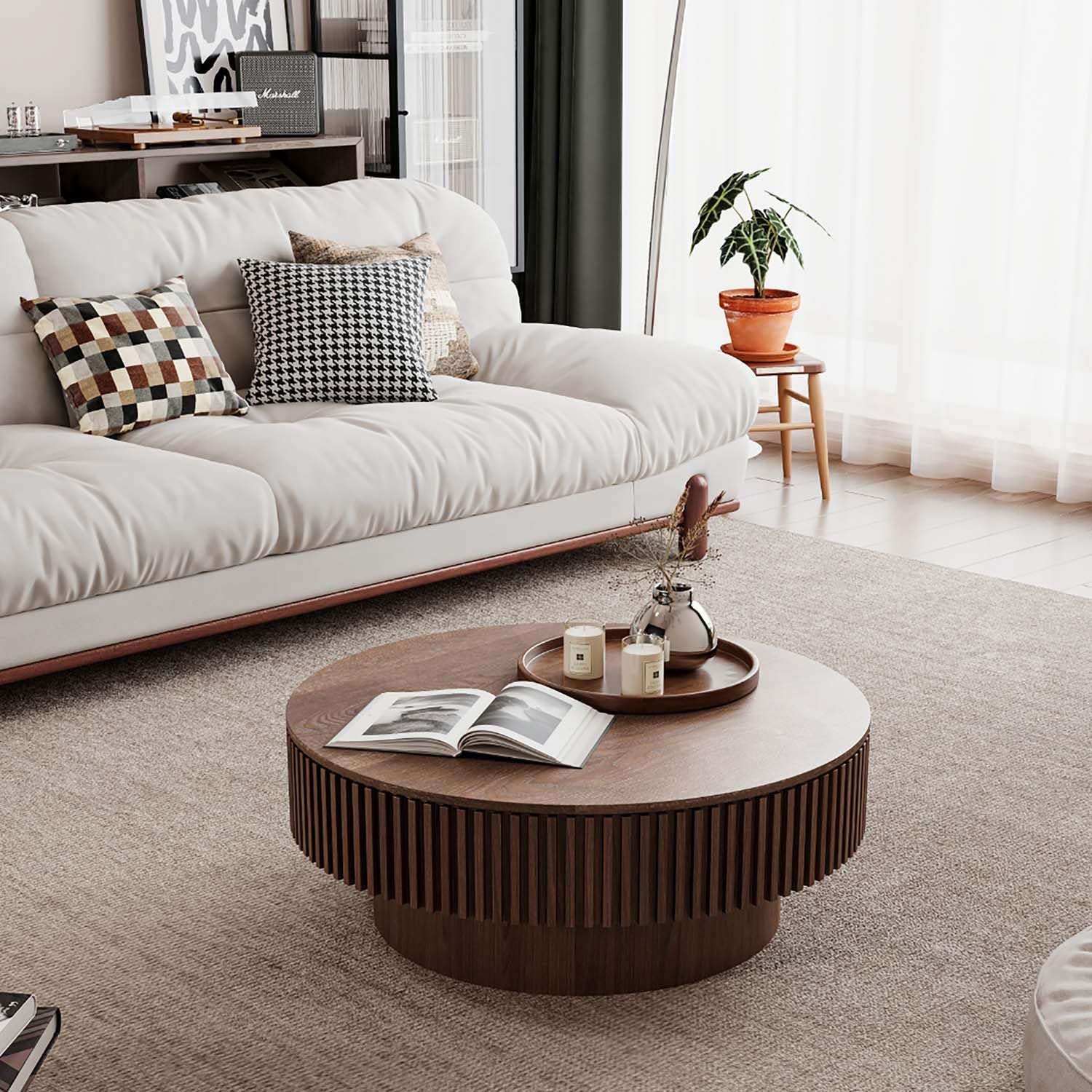 New Round  31" Coffee Table with Storage, Modern Wooden Coffee Table for Home Decor