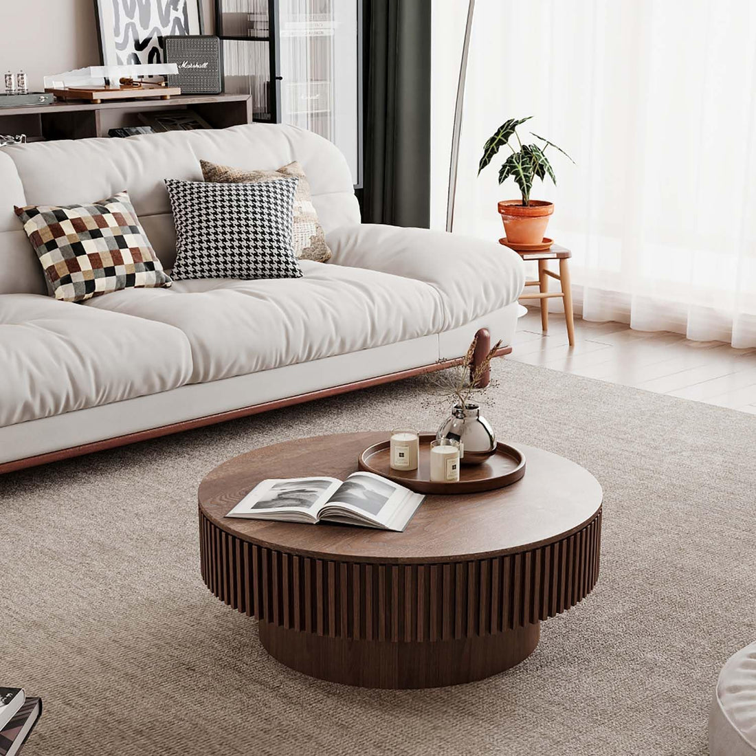 New Round  31" Coffee Table with Storage, Modern Wooden Coffee Table for Home Decor