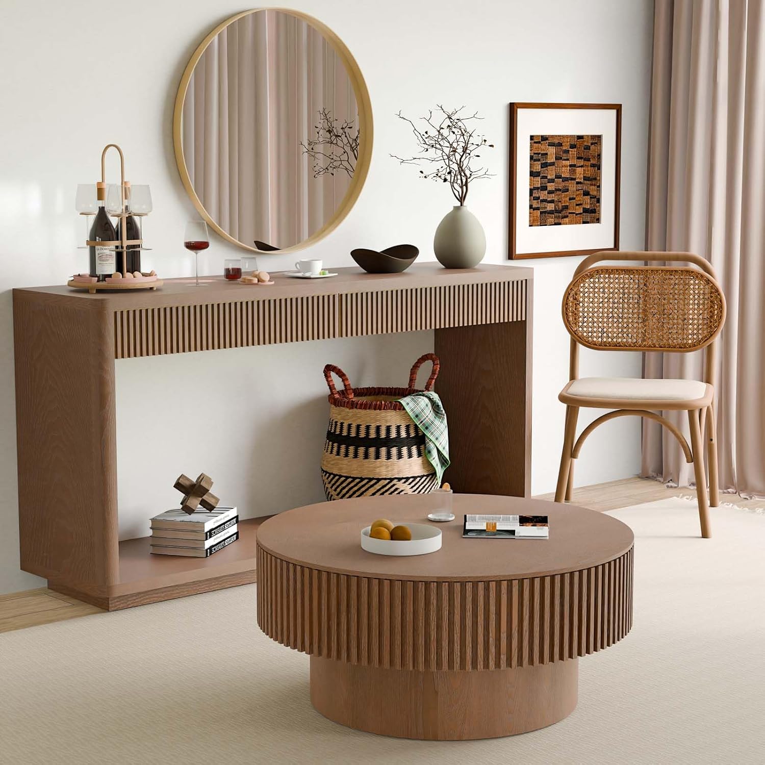 New Round  31" Coffee Table with Storage, Modern Wooden Coffee Table for Home Decor