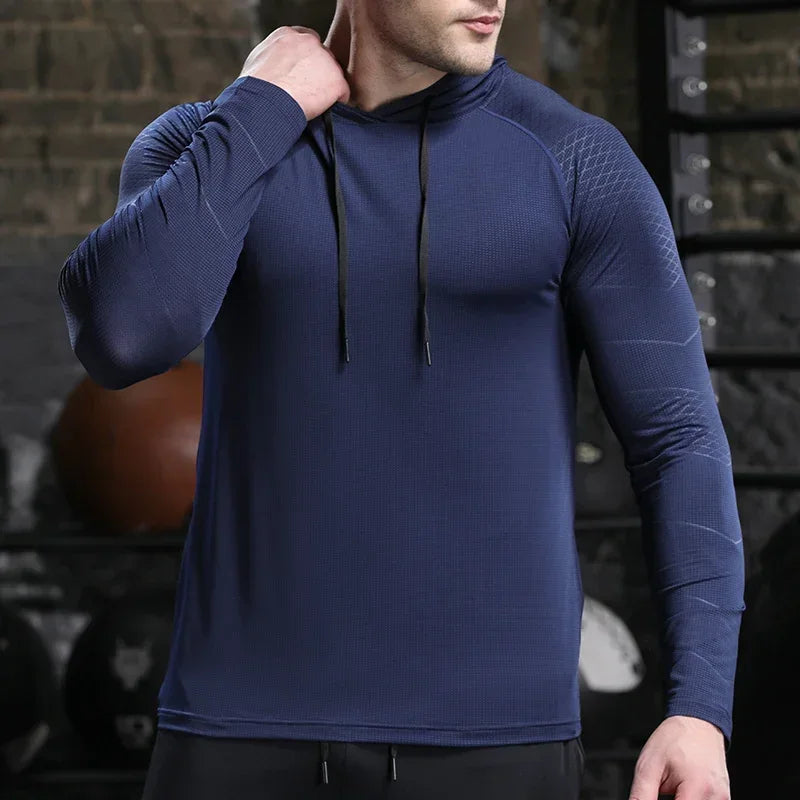 Men Outdoor Sports Hoodies Quick Dry Fit Long Sleeve Tops with Hood Male Running Activewear Casual Quick Dry Sweatshirts