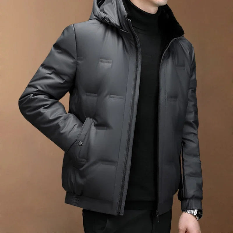 New Genuine Leather down Jacket Men Winter Short Hooded Puffer Jacket Men Waterproof Hooded down Coat Men Real