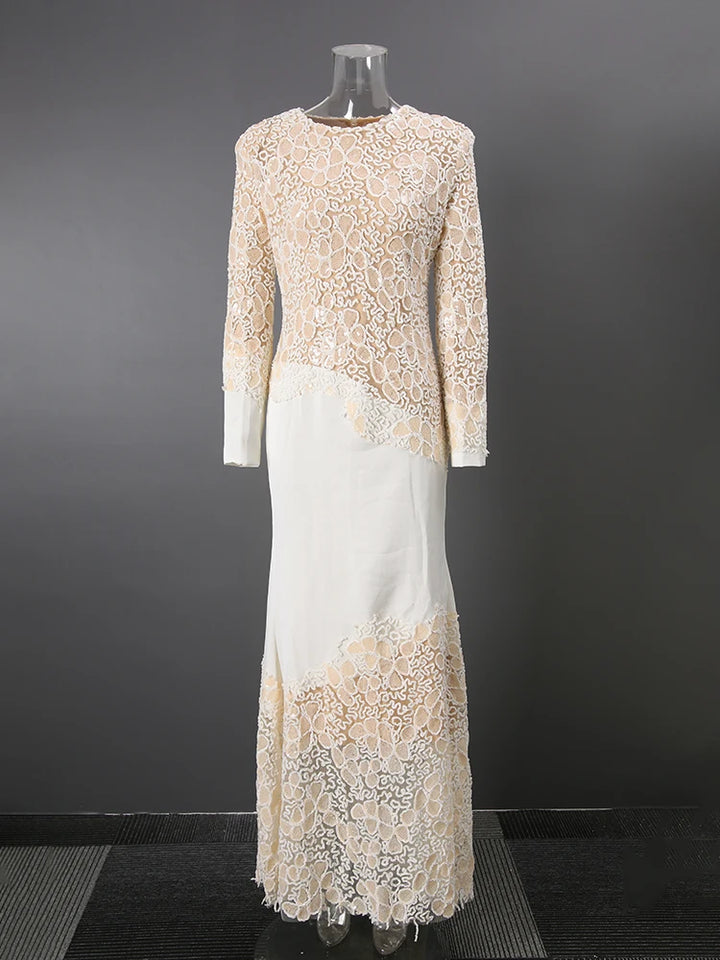 New Modern Fashion Beige Lace Embroidery Women Dress