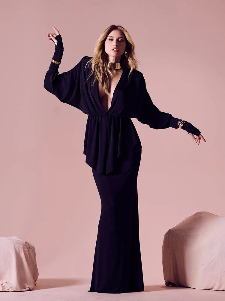 New 2-Piece Set Women V-Neck Shoulders Tops Long Skirts Fashion Wear