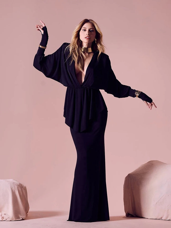 New 2-Piece Set Women V-Neck Shoulders Tops Long Skirts Fashion Wear