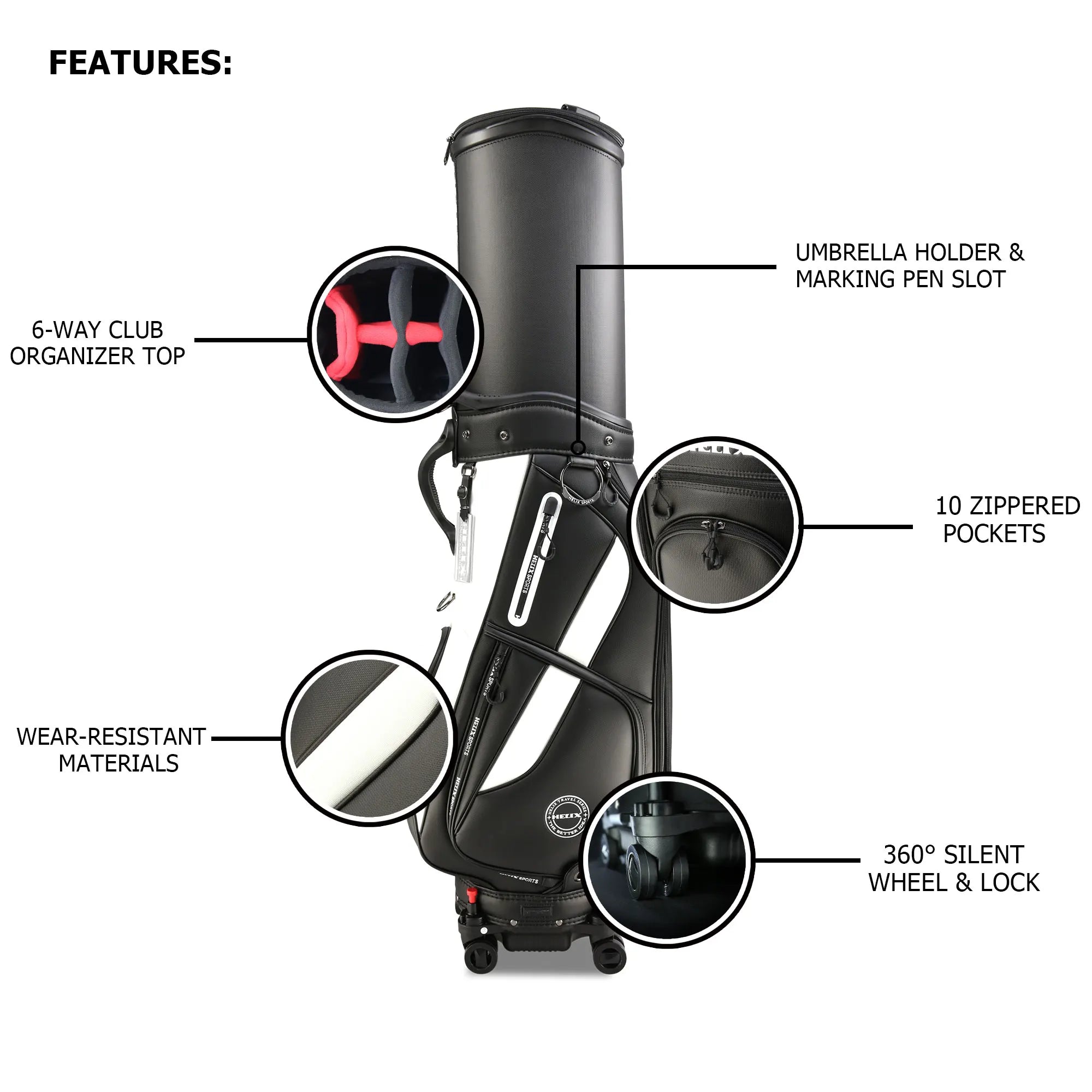 Premium Golf Bag with Wheels  Retractable Top Traveling Full Length Divider