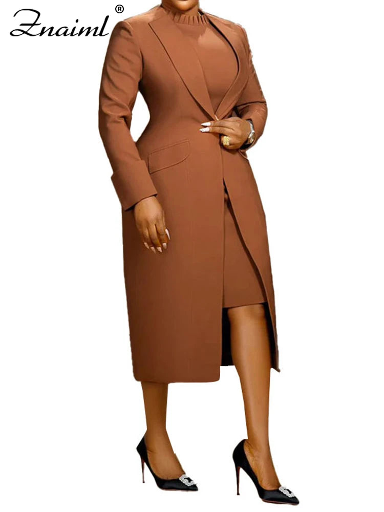 New Fusion Elegant Office Lady Long Blazer with Dress 2 Pieces Business African Streetwear Outfits