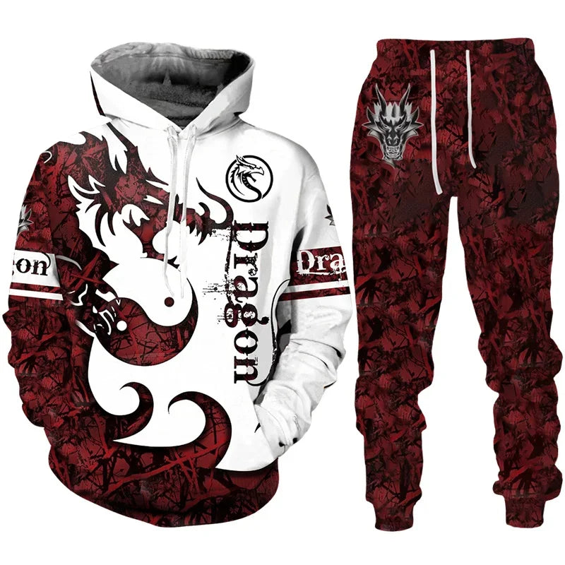 New 3D Hoodie Pant Dragon Print Track Suit Set
