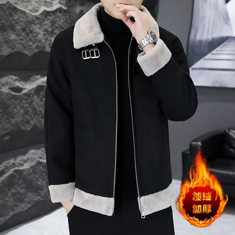 New High Quality Winter Fur Leather Jacket Men Fashion plus Velvet Padded Warm Men's Jacket 