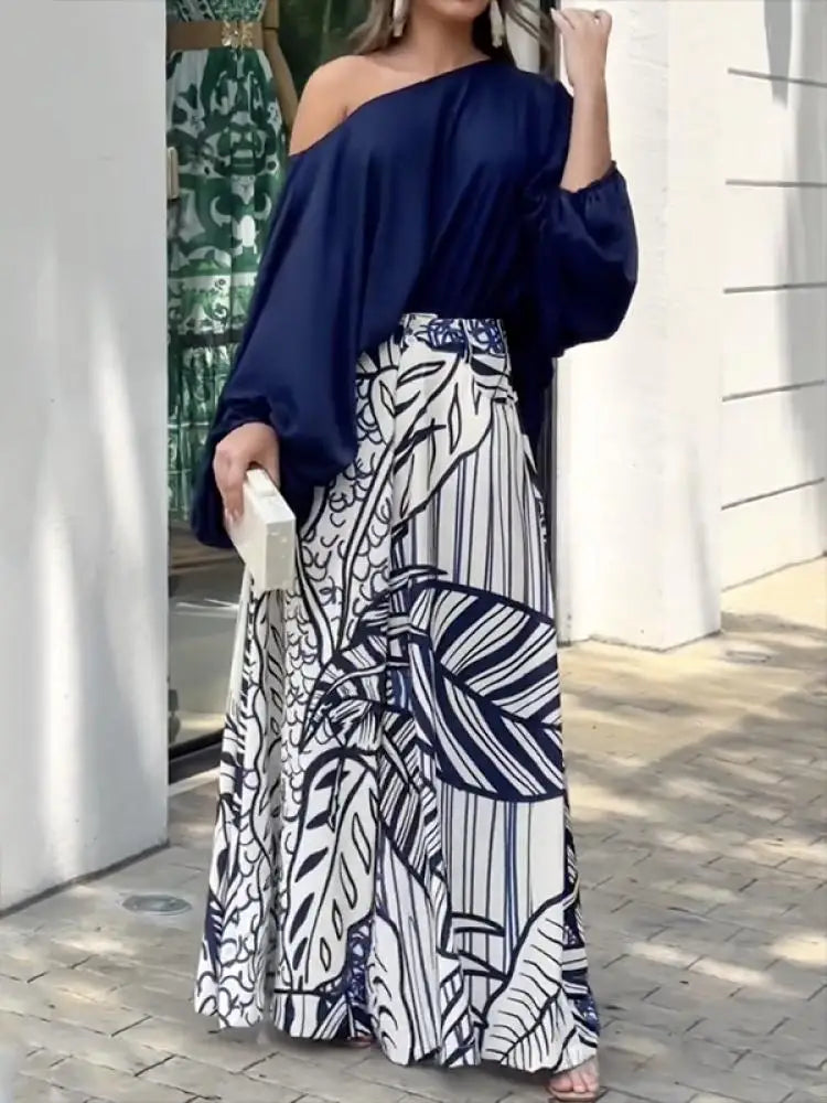 Women T-Shirt High Waisted Printed Wide Leg Pants Casual Suit