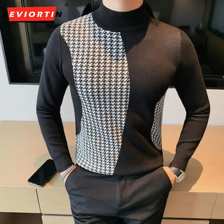 Men Italian Fashion Casual  Autumn Winter Half Turtleneck Sweater Jacquard Knitted Pullover Long Sleeve Warm Top