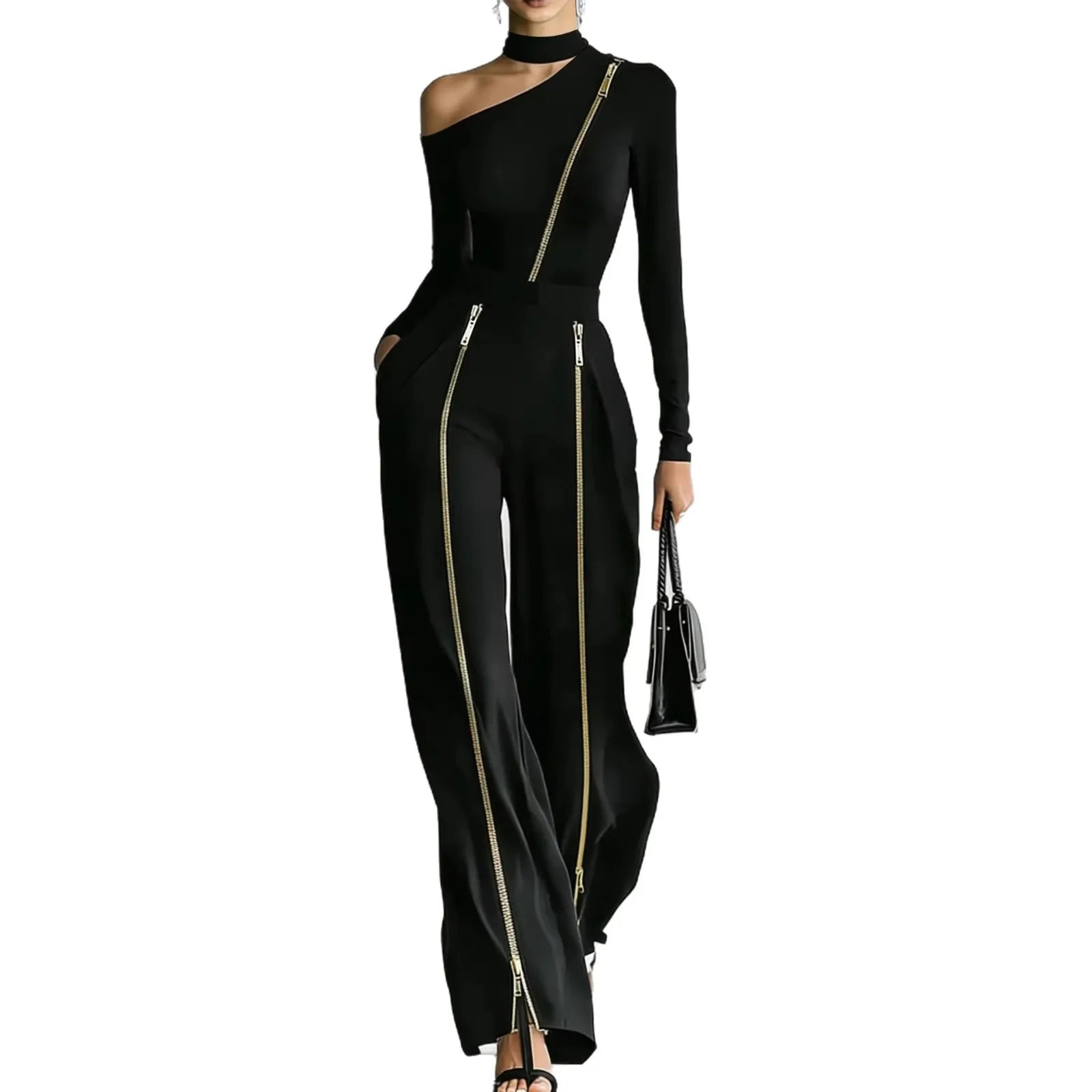 New Stand-Up Collar knitted + Double zipper Pants Set