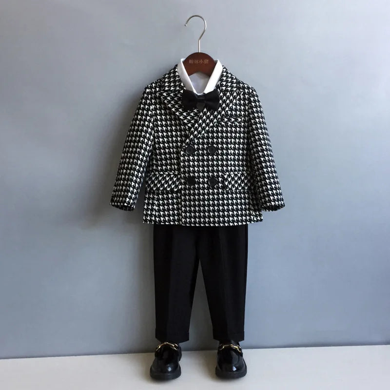 New Children'S Houndstooth Formal Suit Set Boys Wedding Birthday Party Performance Costume Kids Double Breasted Blazer Pants Clothes