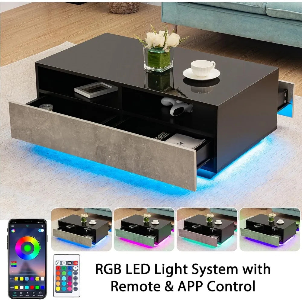 LED Coffee Table with 4 Drawers for Living Room High Golssy with Storage Sofa End Table Open Shelves Grey& Black Coffee Tables