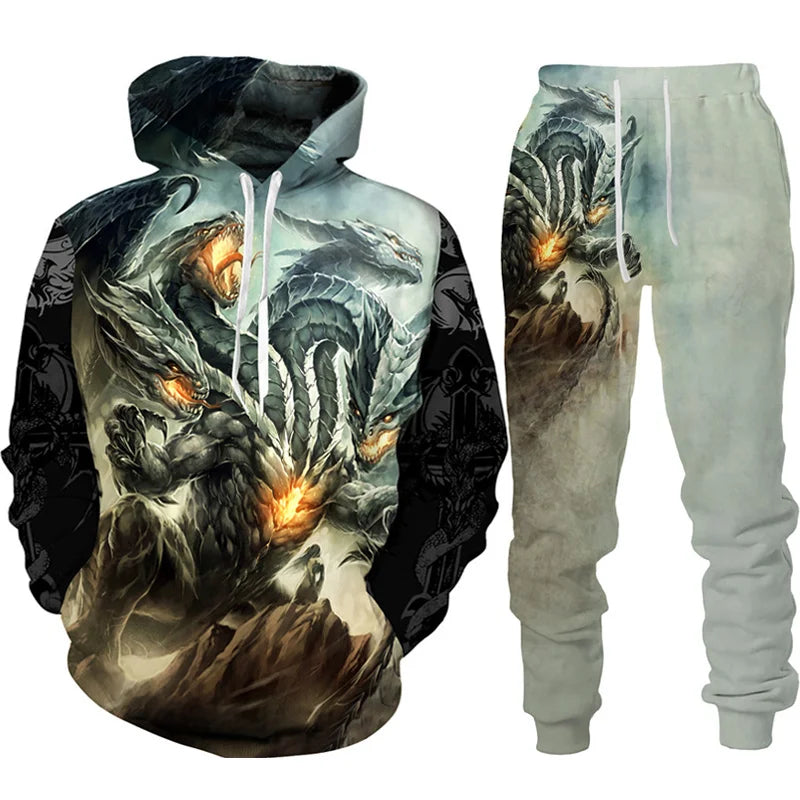 New 3D Hoodie Pant Dragon Print Track Suit Set