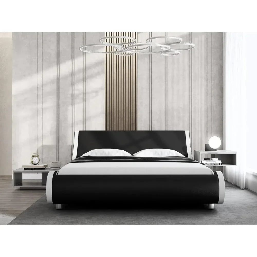 New Luxury Padded Oversized Platform Bed Frame, Sled Bed, Artificial Leather Headboard, Wooden Board Support