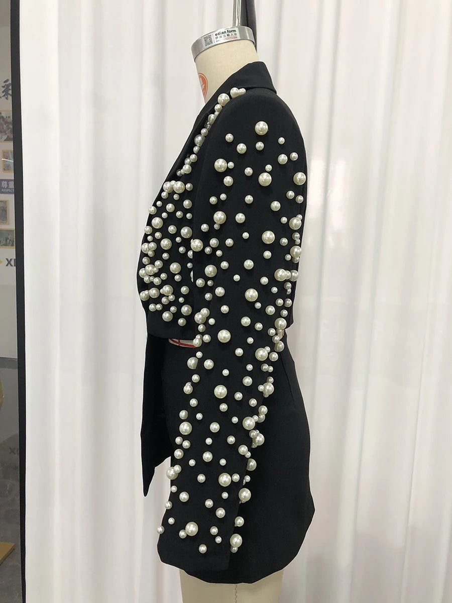 Modern Spliced Pearls Two Piece Women Skirt Office Suit 