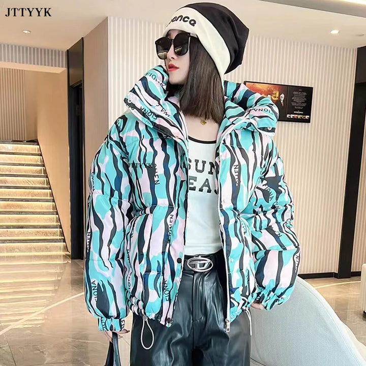 Warm Winter down Jacket Women Print Fashion Hooded Short Padded Parka Jacket