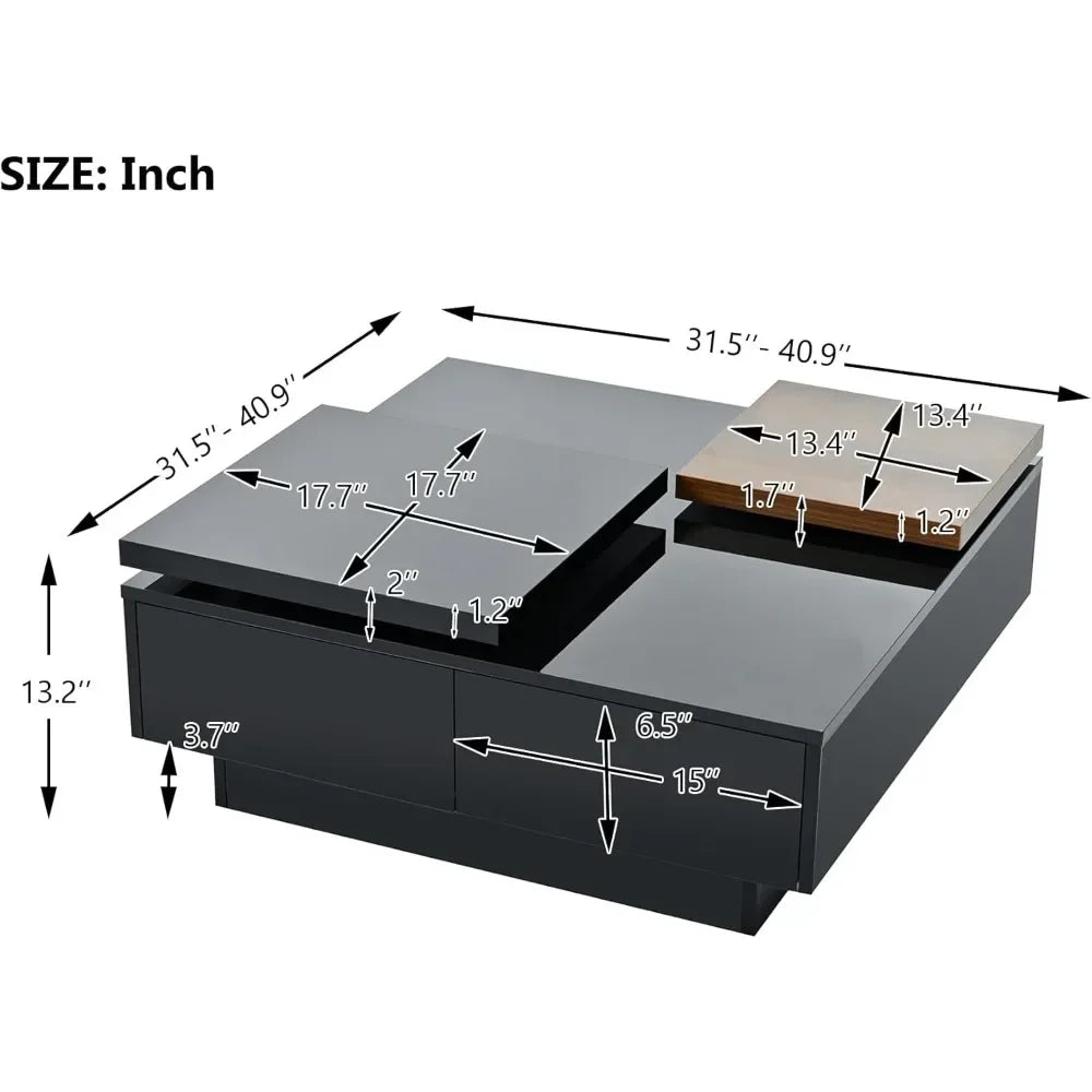 Modern 2024 Elite Design Coffee Table with Drawers, Modern Square, High Gloss Center Table with Storage and Removable Top