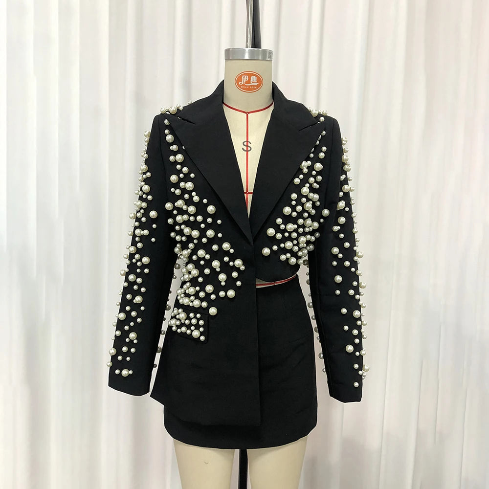 Modern Spliced Pearls Two Piece Women Skirt Office Suit 