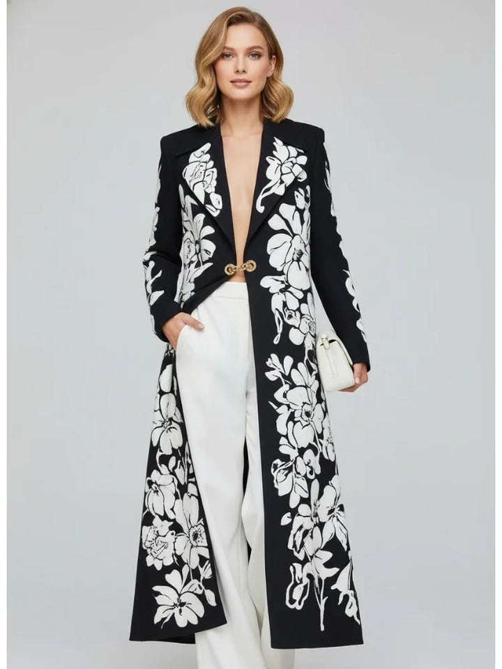  New Women Contrast Printed Long Trench Coat 