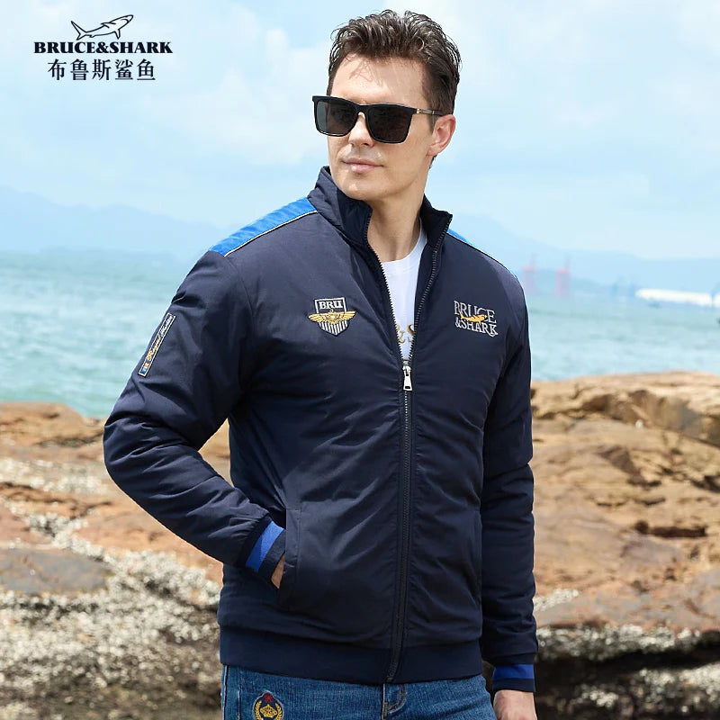 New Men' s Stylish Winter Thick Cotton Inner Jacket  Winter Embroidery Bruce & Shark High Quality Men Coats Outerwear Luxury Brand Big Size 4XL