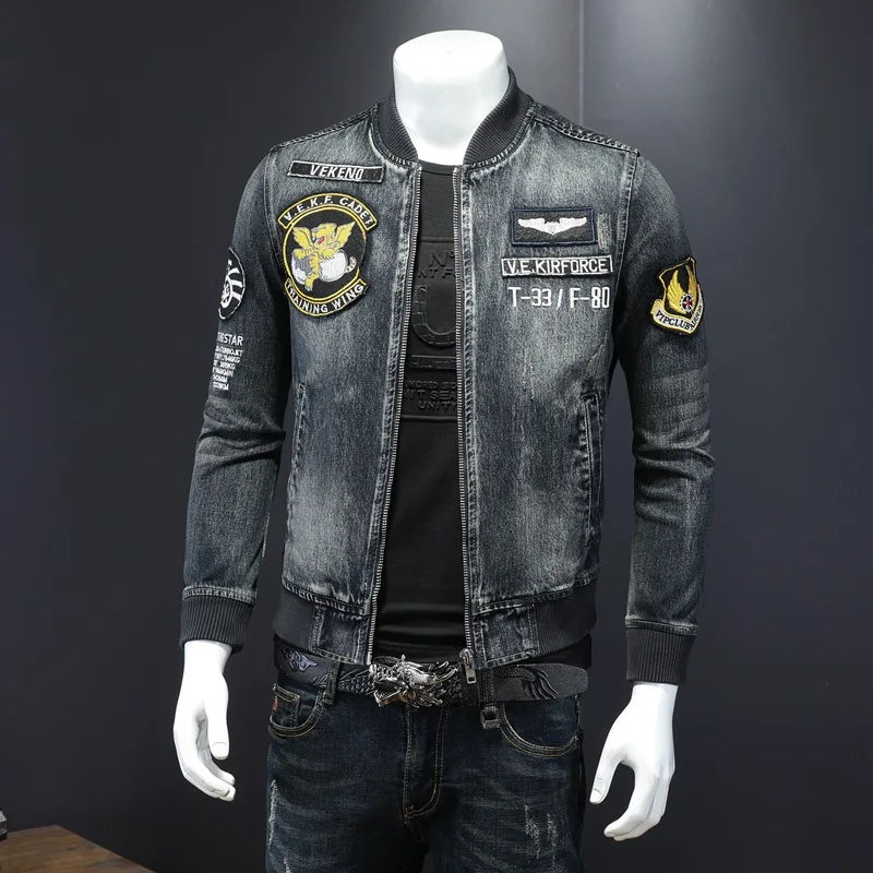 Mens Stylish Bomber Jacket Heavyweight Embroidered  Coat Baseball Collar Motorcycle Jeans Coat Flight Cowboy Jacket 