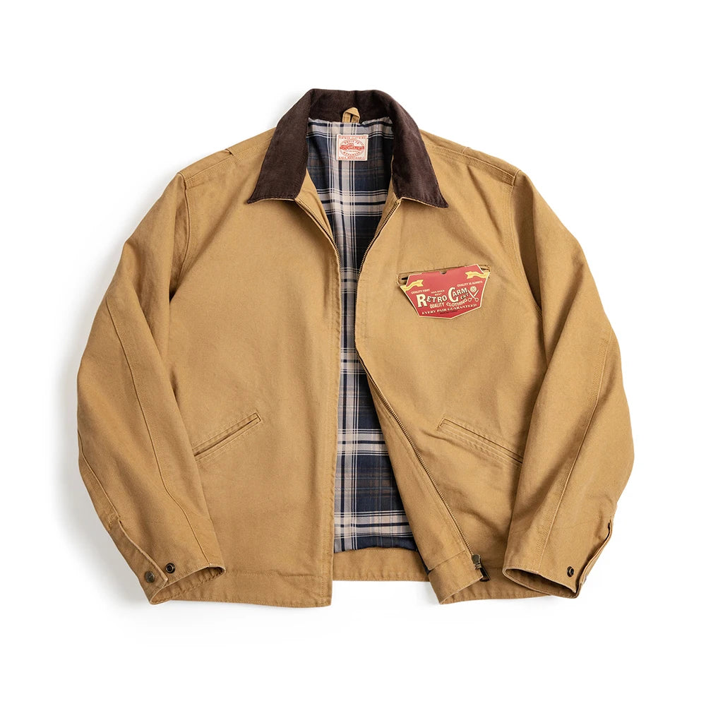 Retro Canvas Detroit Hunting J001 Jacket with Heavyweight Cotton Pockets Design Lapel Collar Zipper Coat for Men'S Autumn