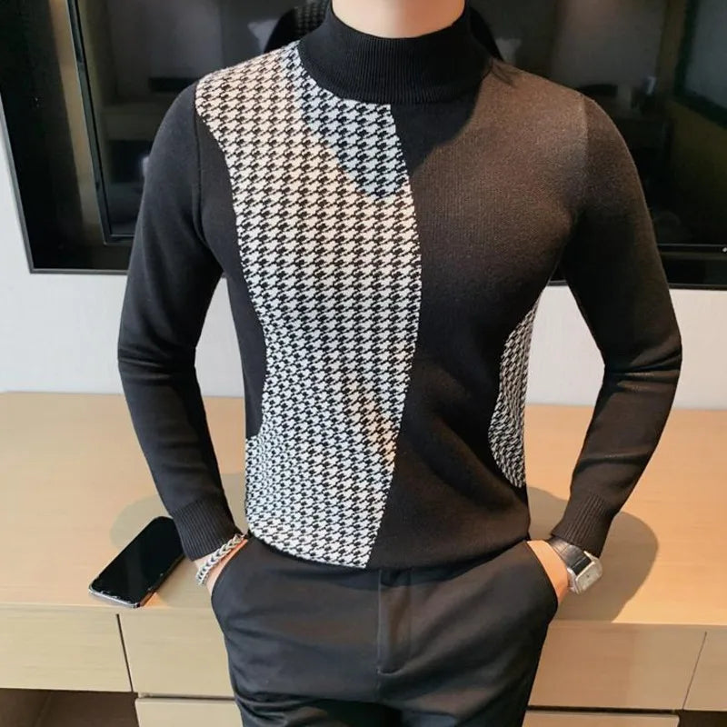 Men Italian Fashion Casual  Autumn Winter Half Turtleneck Sweater Jacquard Knitted Pullover Long Sleeve Warm Top