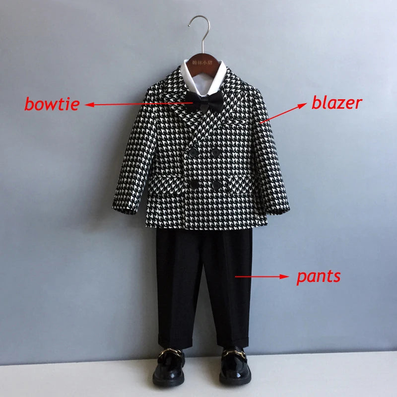 New Children'S Houndstooth Formal Suit Set Boys Wedding Birthday Party Performance Costume Kids Double Breasted Blazer Pants Clothes