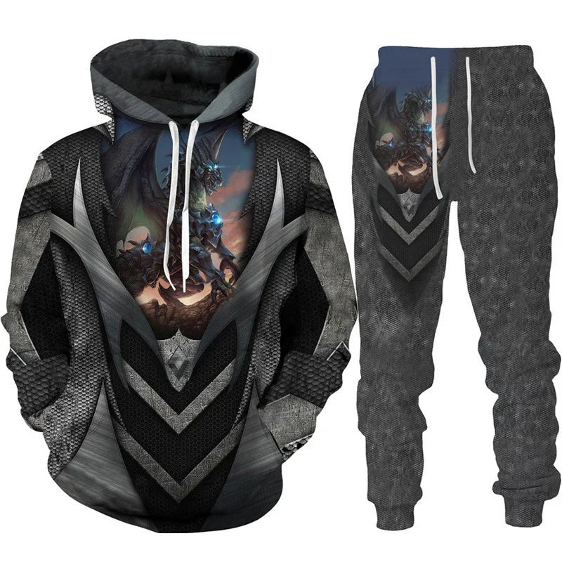 New 3D Hoodie Pant Dragon Print Track Suit Set
