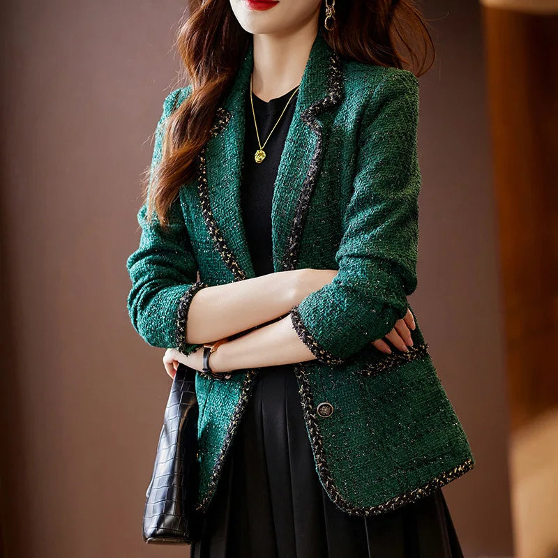 Autumn Winter Ladies Casual Blazer Women Black Green Beige Plaid Jacket Female Long Sleeve Single Breasted Slim Coat