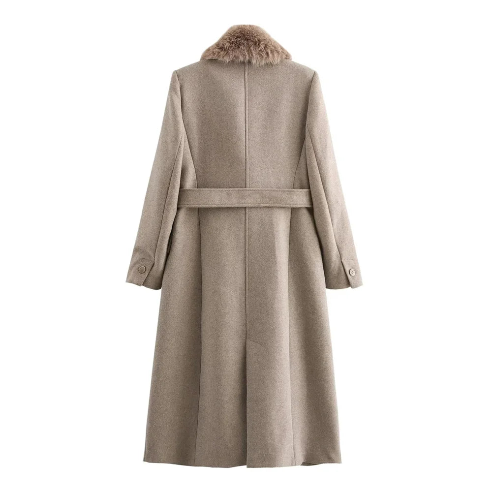 New Luxe Women Belt Warm Fur Collar Long Coat 