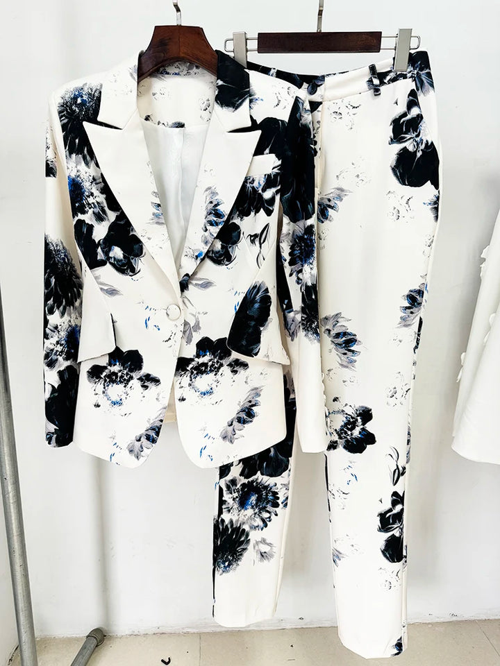 HIGH STREET Newest 2024 Fashion Designer Women'S Gorgeous Floral Printed Blazer Suit Jacket Pencil Pants Set 2Pcs