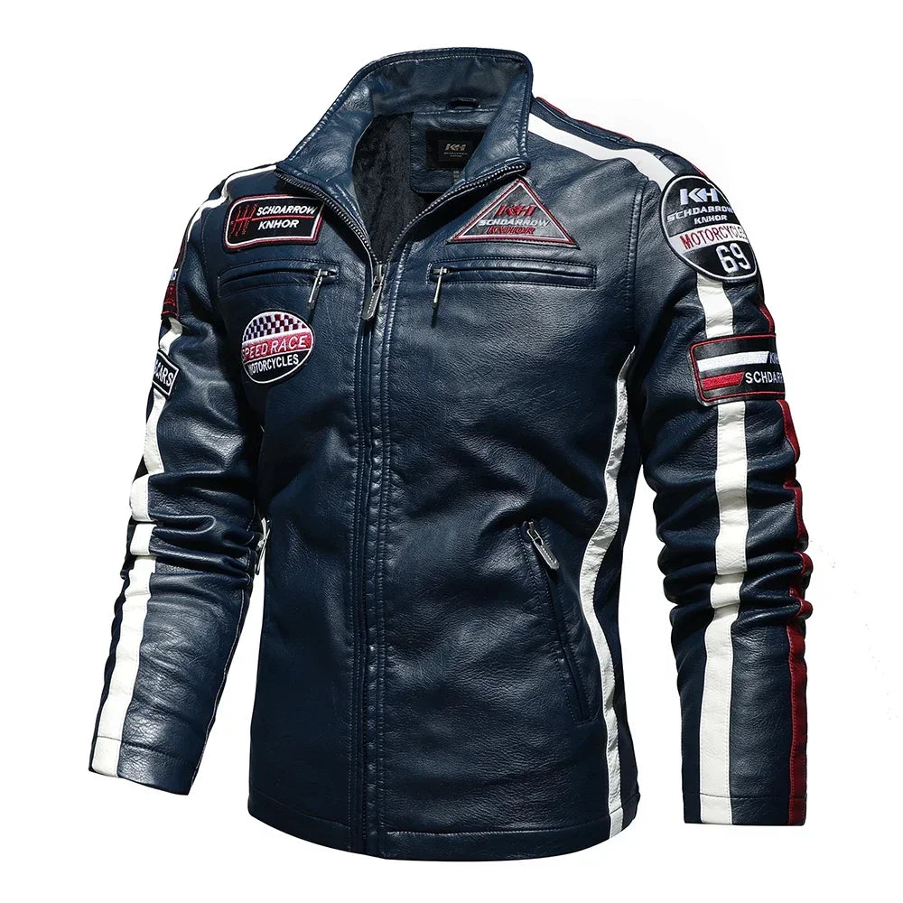 Mens Vintage Motorcycle Jacket 2024 Men Fashion New Biker Leather Jacket Male Embroidery Bomber Coat Winter Fleece Pu Overcoat