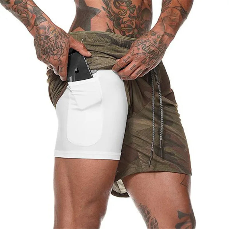 Modern 2 in 1 Compression Shorts for Men Gym Workout Running Shorts with Phone Pockets 