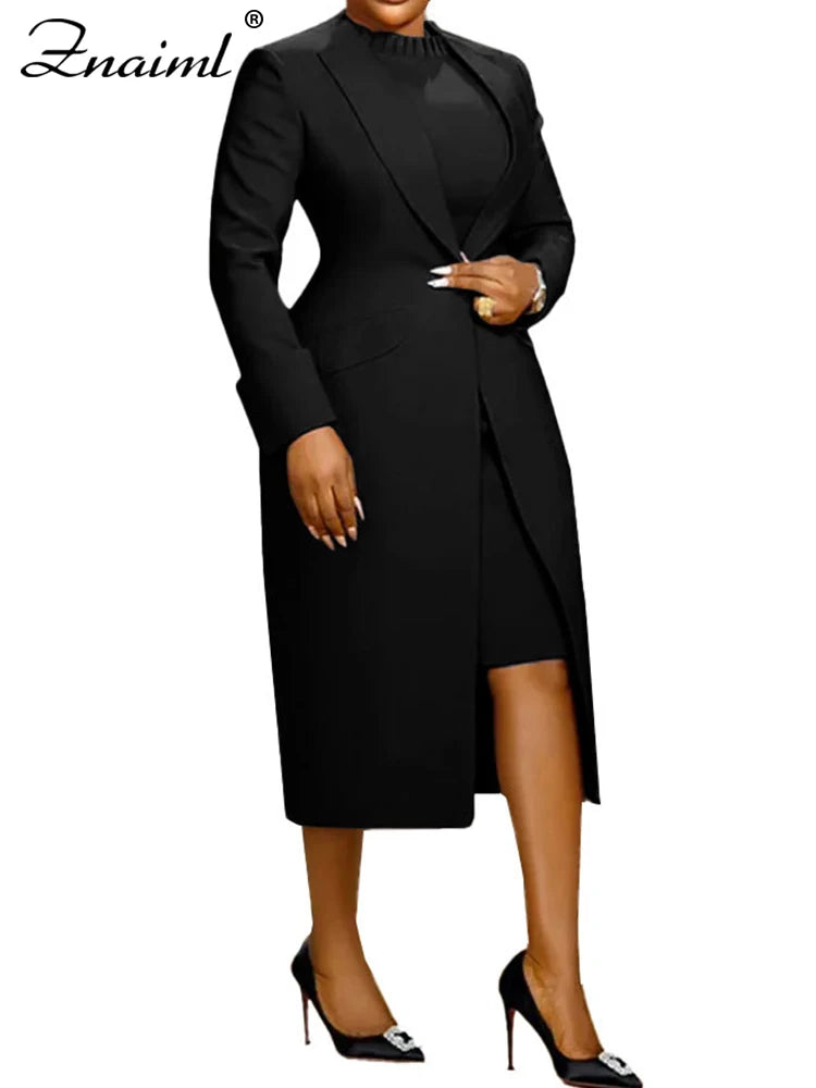 New Fusion Elegant Office Lady Long Blazer with Dress 2 Pieces Business African Streetwear Outfits