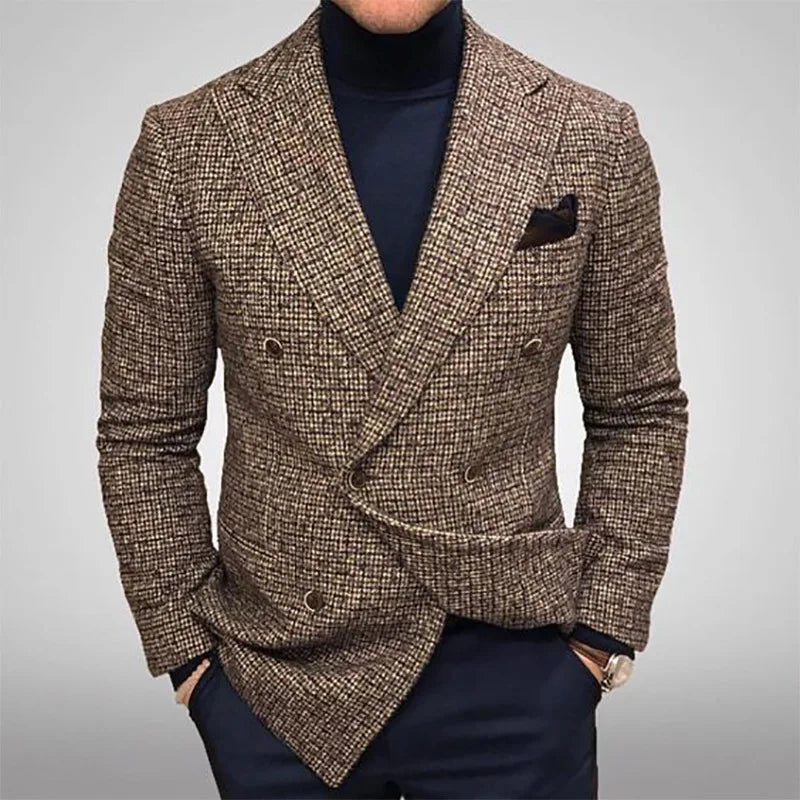 High End Men Business Blazers Slim Fit Plaid Suits Jackets Male Long Sleeve Double-Breasted Outerwear