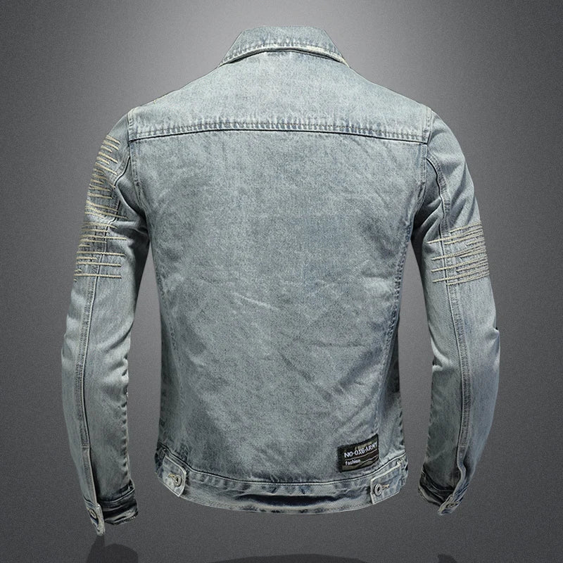 2024 High-Quality Fashion All-In-One Hooded Denim Coat Men Have Large Size C Personality Embroidered Light Colored Denim Coat