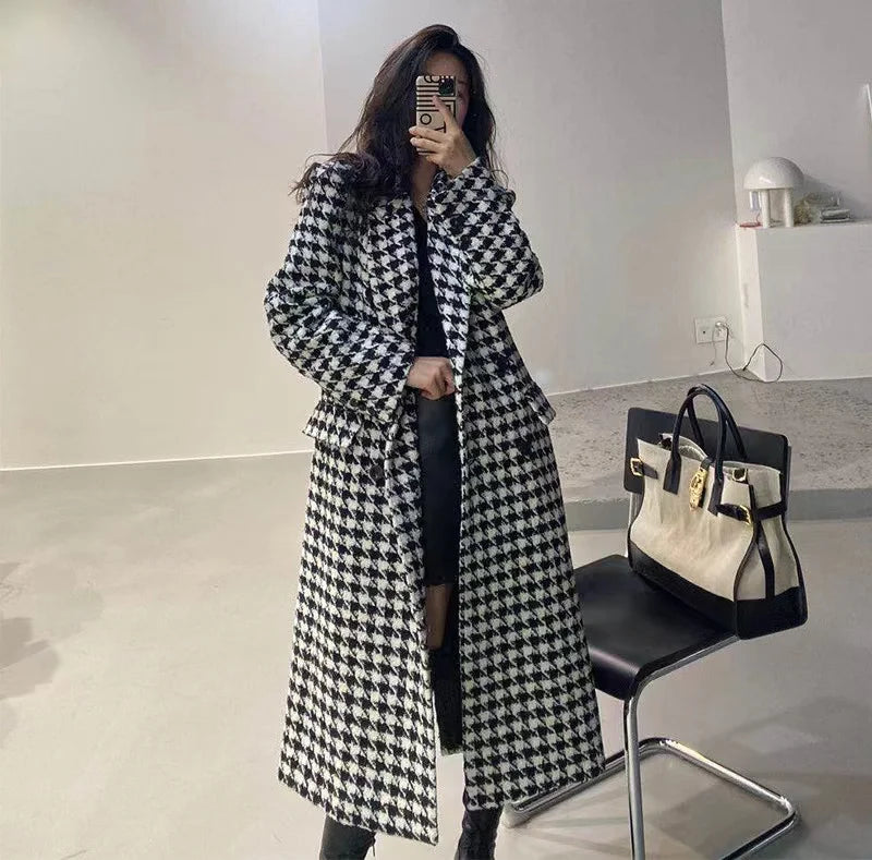 New Women Modern Fashion Houndstooth,Wool Jacket Women Autumn,Single Breasted Long Overcoat 