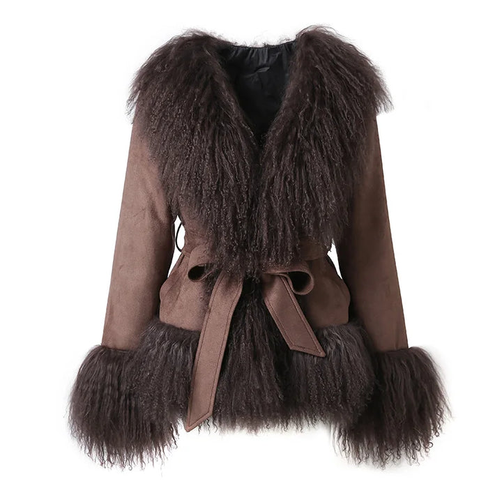 Women'S Fashion Mongolian Fur Coats 2024 Lady Thick Warm Winter Jacket Suede Outwear