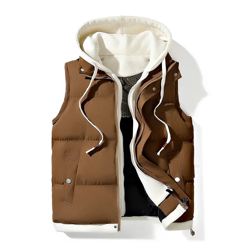 Mens Hooded Vest  Casual Sleeveless Cotton Jacket 