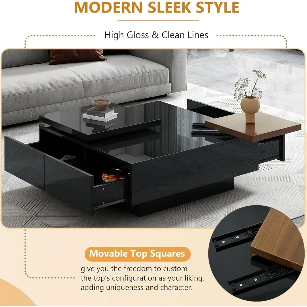 Modern 2024 Elite Design Coffee Table with Drawers, Modern Square, High Gloss Center Table with Storage and Removable Top