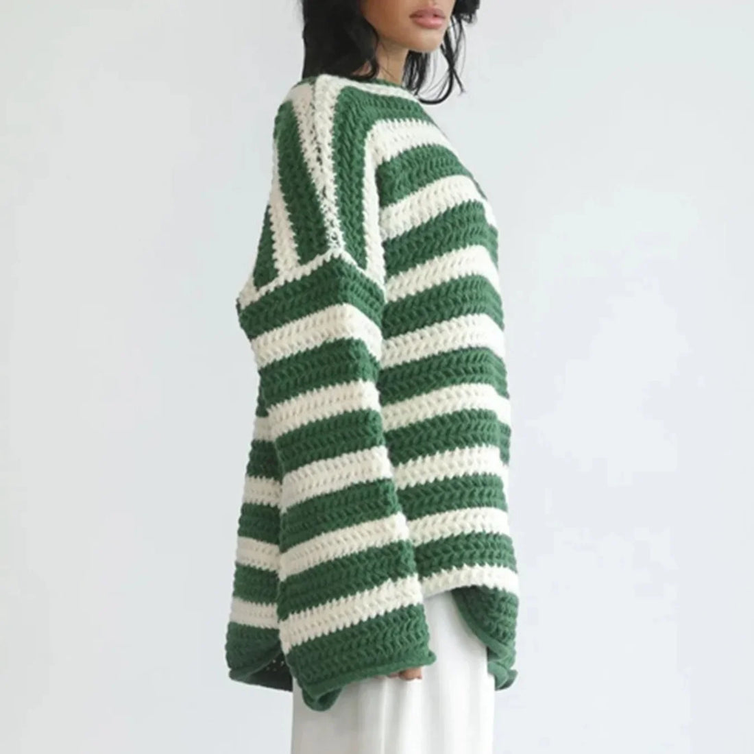 Woman European Style Autumn and Winter Blouse Loose Line Neck Striped Knitted Pullover Casual Sweater 