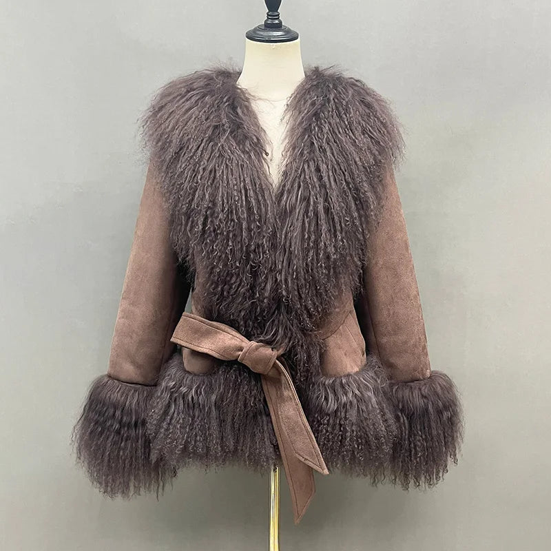 Women'S Fashion Mongolian Fur Coats 2024 Lady Thick Warm Winter Jacket Suede Outwear