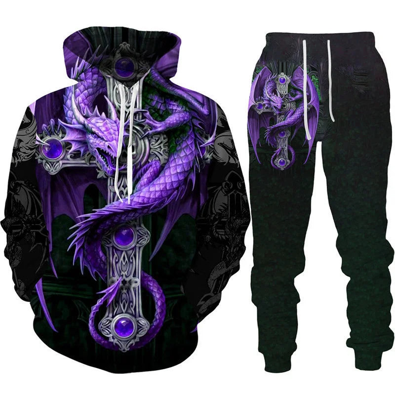 New 3D Hoodie Pant Dragon Print Track Suit Set