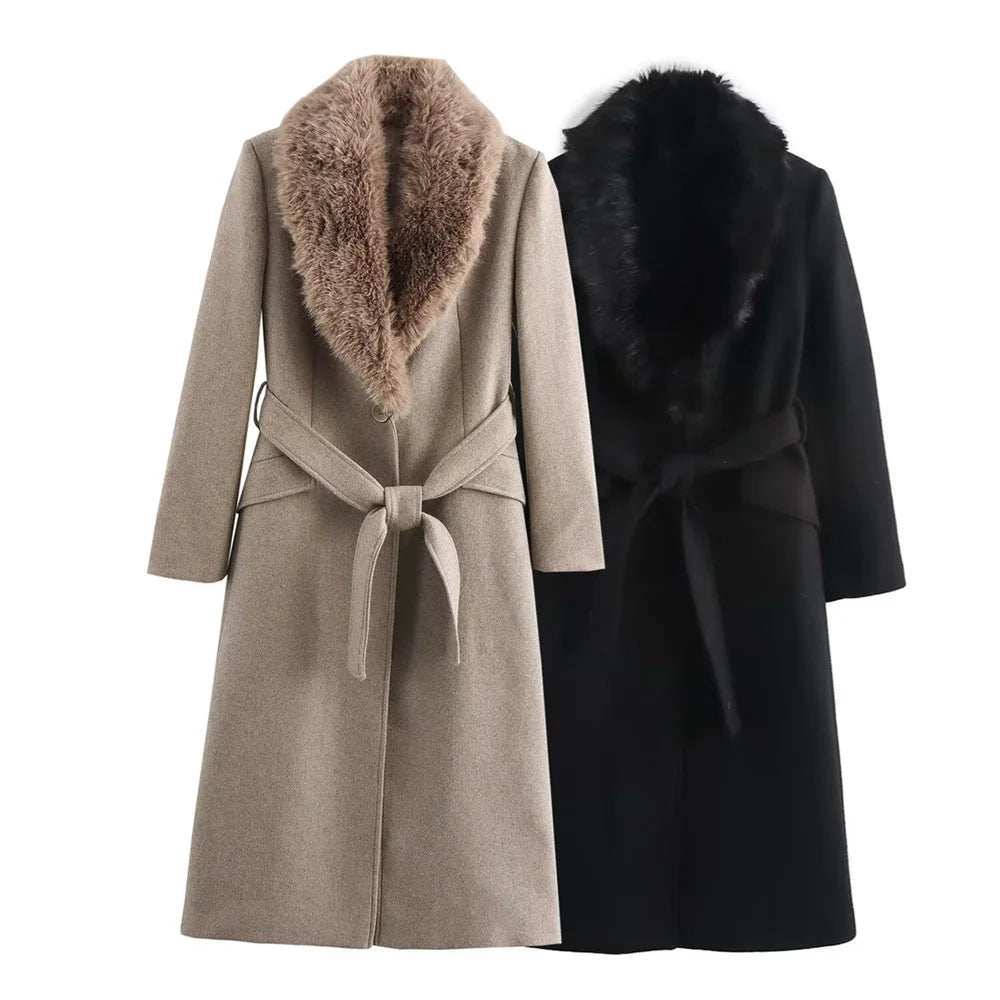 New Luxe Women Belt Warm Fur Collar Long Coat 