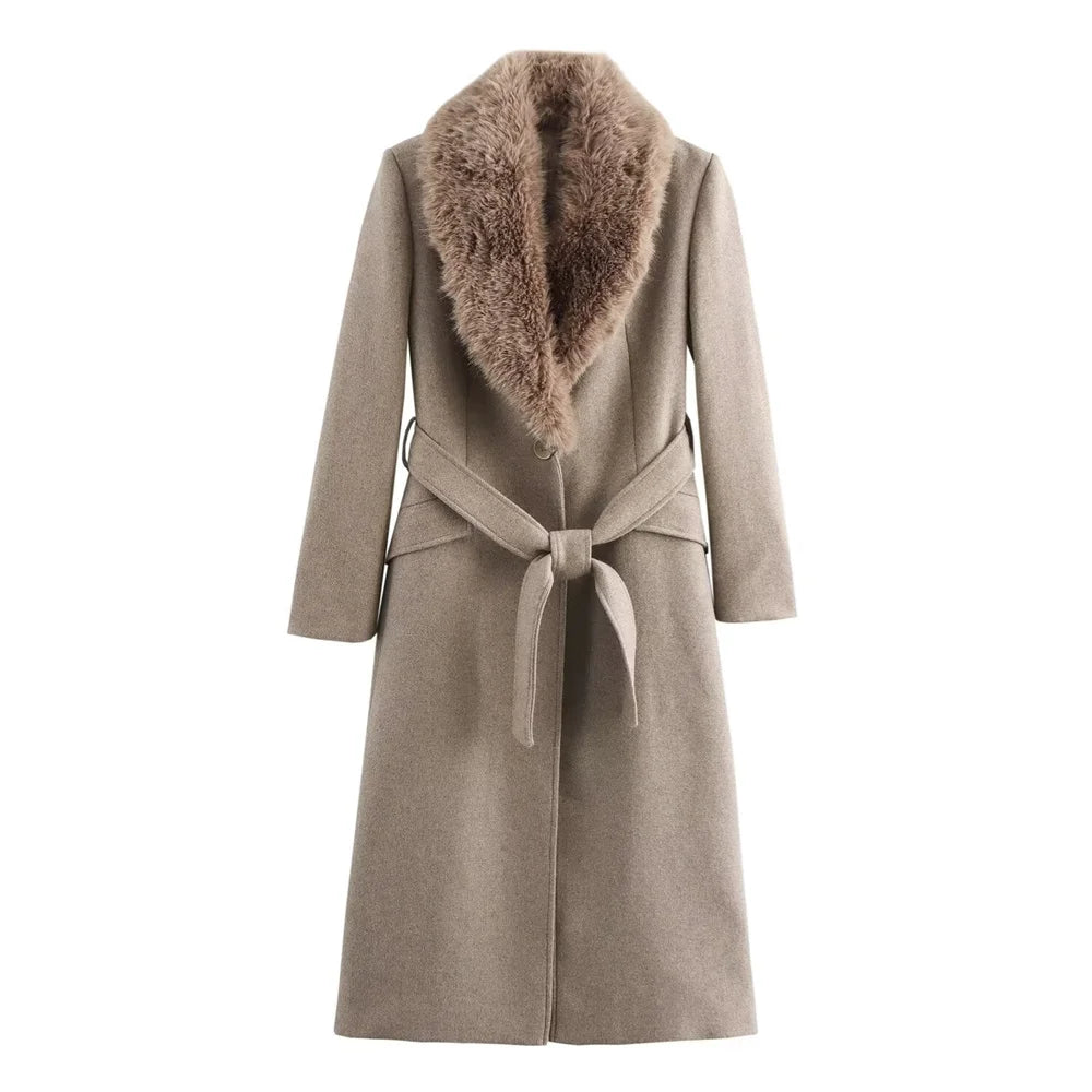 New Luxe Women Belt Warm Fur Collar Long Coat 