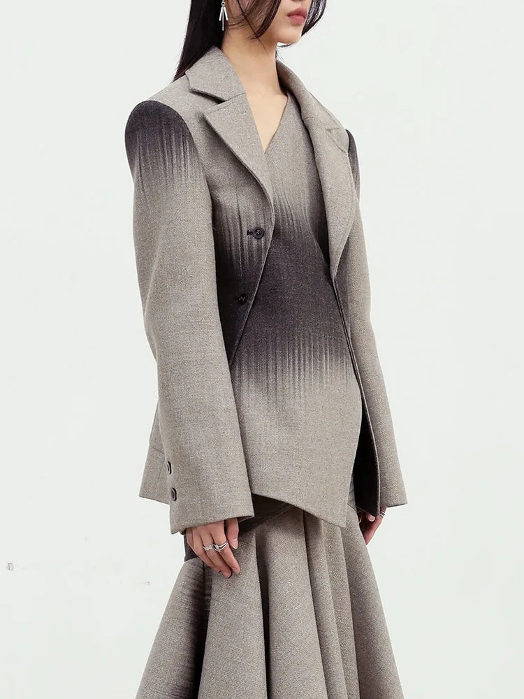 Colorblock Printting Chic Coats for Women Lapel Long Sleeve Spliced Single Breasted Asymmetrical Jackets Female New