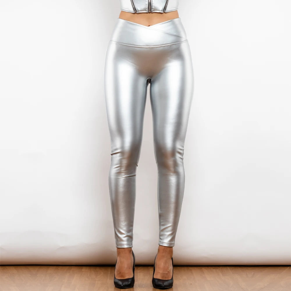 New X Cross Silver Leather Stretch Leggings